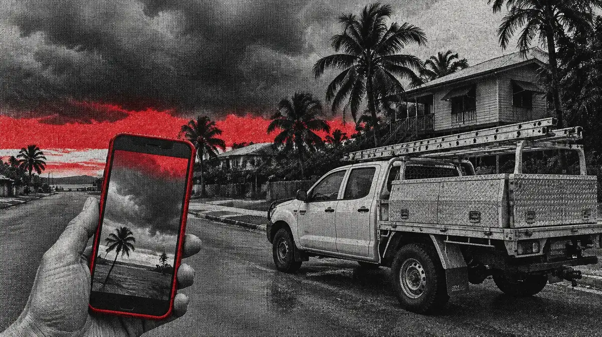 Illustration: a tradie's ute parked on a Darwin street under build-up storm clouds, while someone watches a short video on their phone.