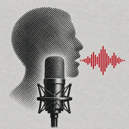 Illustration: a microphone in front of a head made of halftone dots, with a red sound wave.