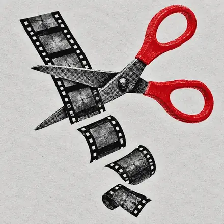 Illustration: red-handled scissors cutting a film strip into short pieces.