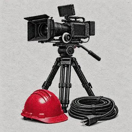Illustration: a film camera on a tripod beside a red hard hat and an extension lead.