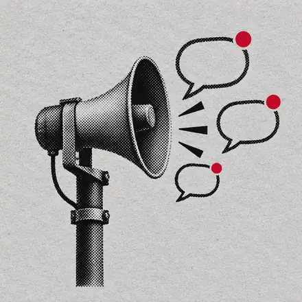 Illustration: a loudspeaker horn with speech bubbles and red notification dots.