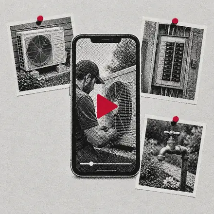 Illustration: a phone playing a video, surrounded by pinned job photos.