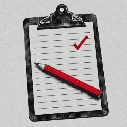 Illustration: a clipboard with a blank job docket, a pencil and a red tick.